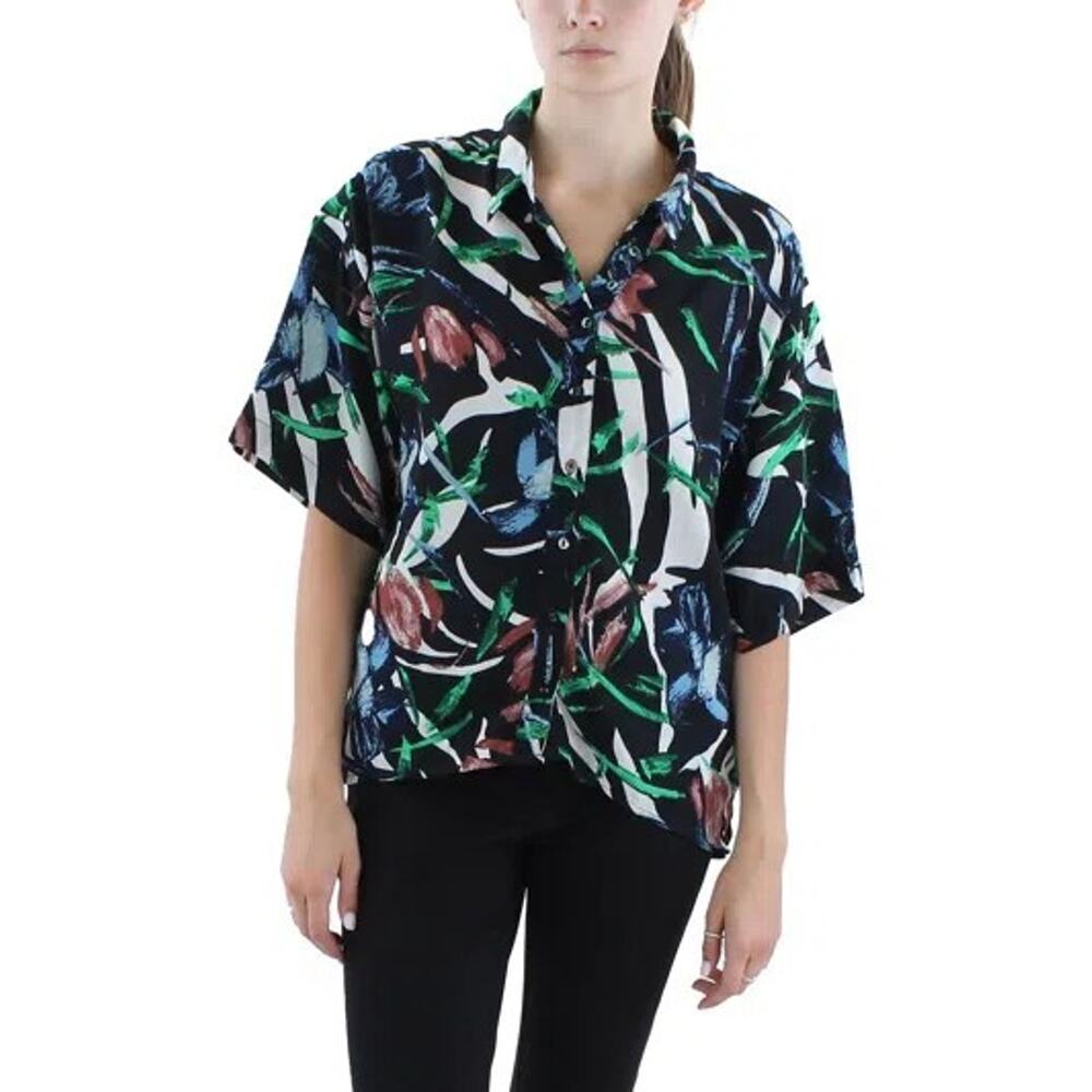 BNWT Walter Baker Veronica Womens Printed Polyester Button-down Top In Blue SZ M
